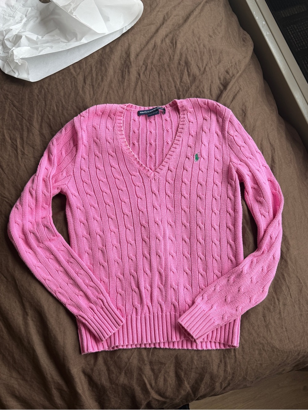 Ralph Lauren vintage Pink Cable-Knit V-Neck Sweater with Polo Pony